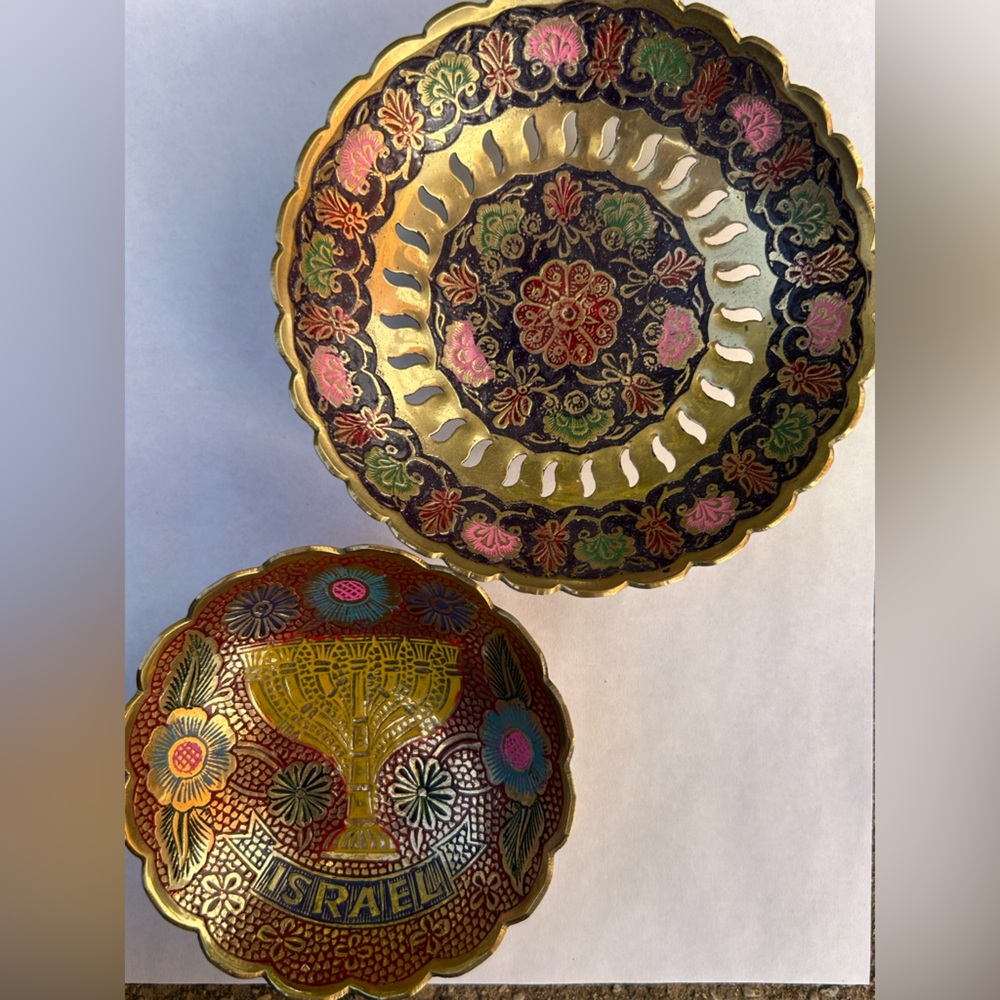 Vintage brass Israel decorative pink green cutout Floral Menorah Bowls set of 2